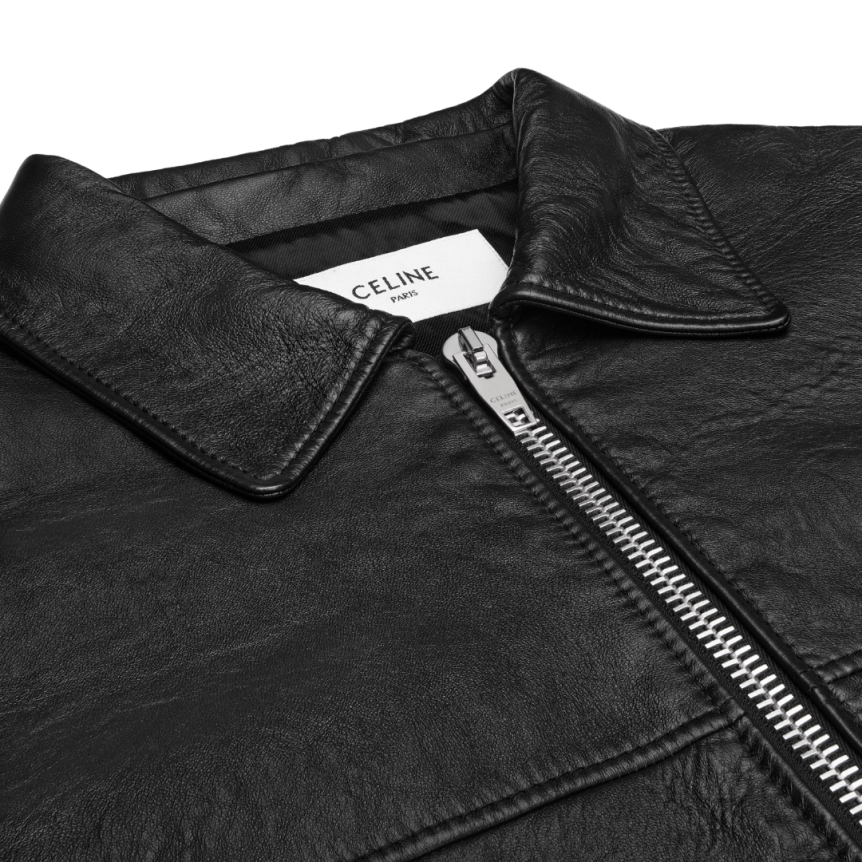 Blouson zippé CELINE cuir agneau noir col chemise