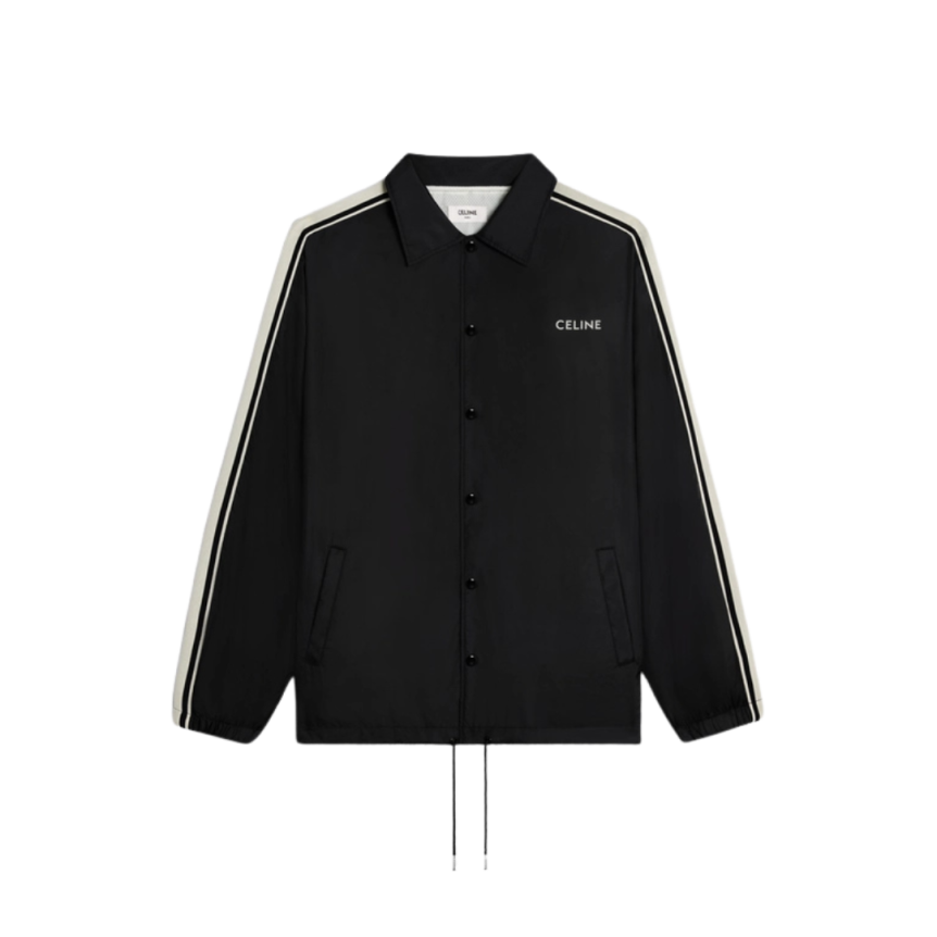 Blouson CELINE nylon veste Coach noir bande blanche logo écriture
