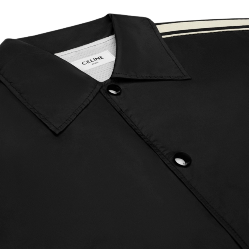 Blouson CELINE nylon veste Coach noir bande blanche logo écriture