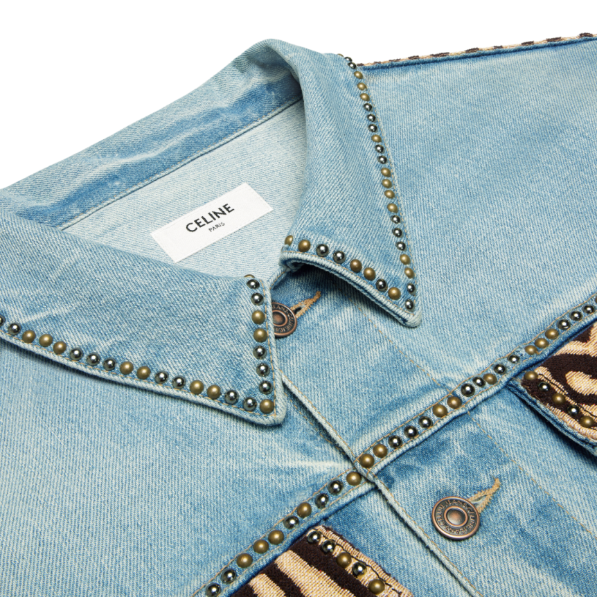 Blouson CELINE jean denim Everclear bleu clair épaule zèbre clous