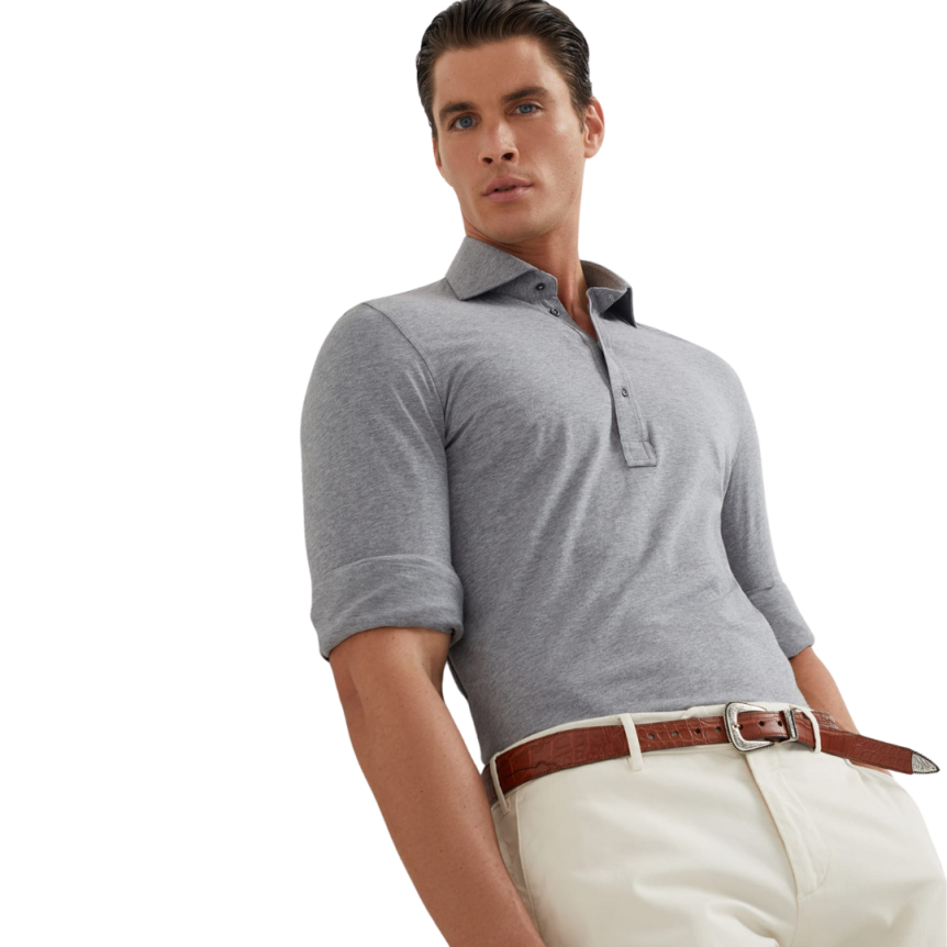 T-shirt BRUNELLO CUCINELLI manche longue col polo jersey coton gris chiné