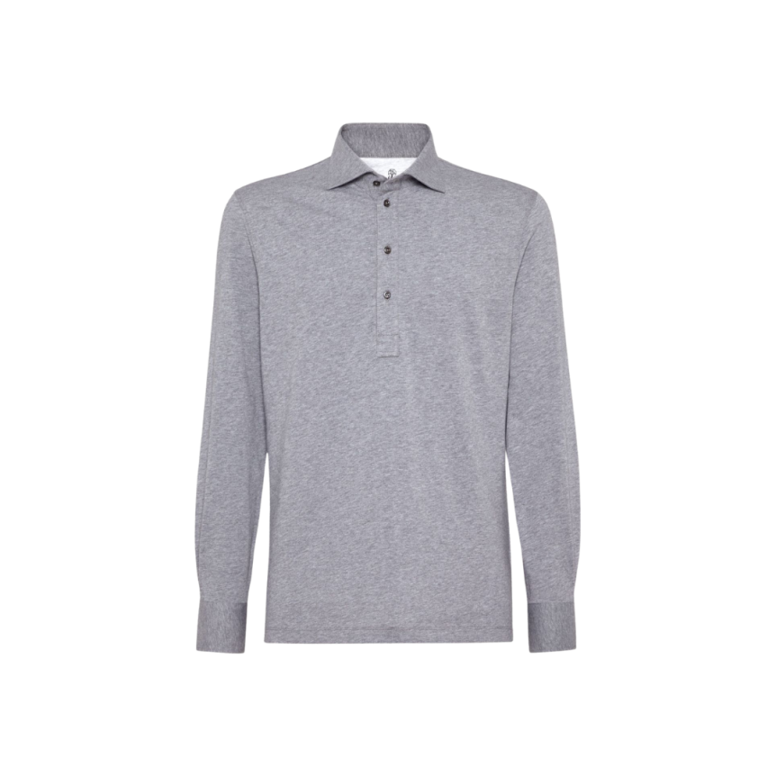 T-shirt BRUNELLO CUCINELLI manche longue col polo jersey coton gris chiné