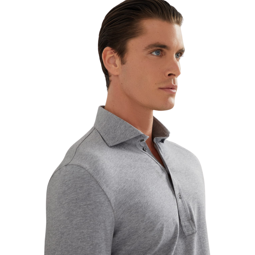 T-shirt BRUNELLO CUCINELLI manche longue col polo jersey coton gris chiné