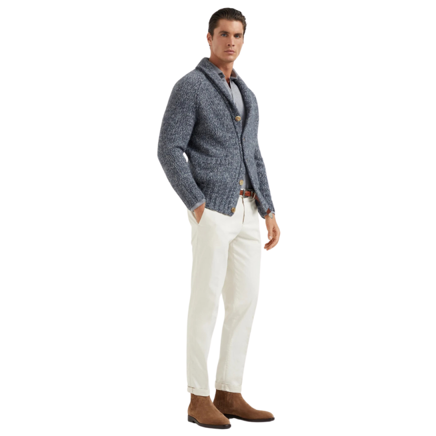 T-shirt BRUNELLO CUCINELLI manche longue col polo jersey coton gris chiné