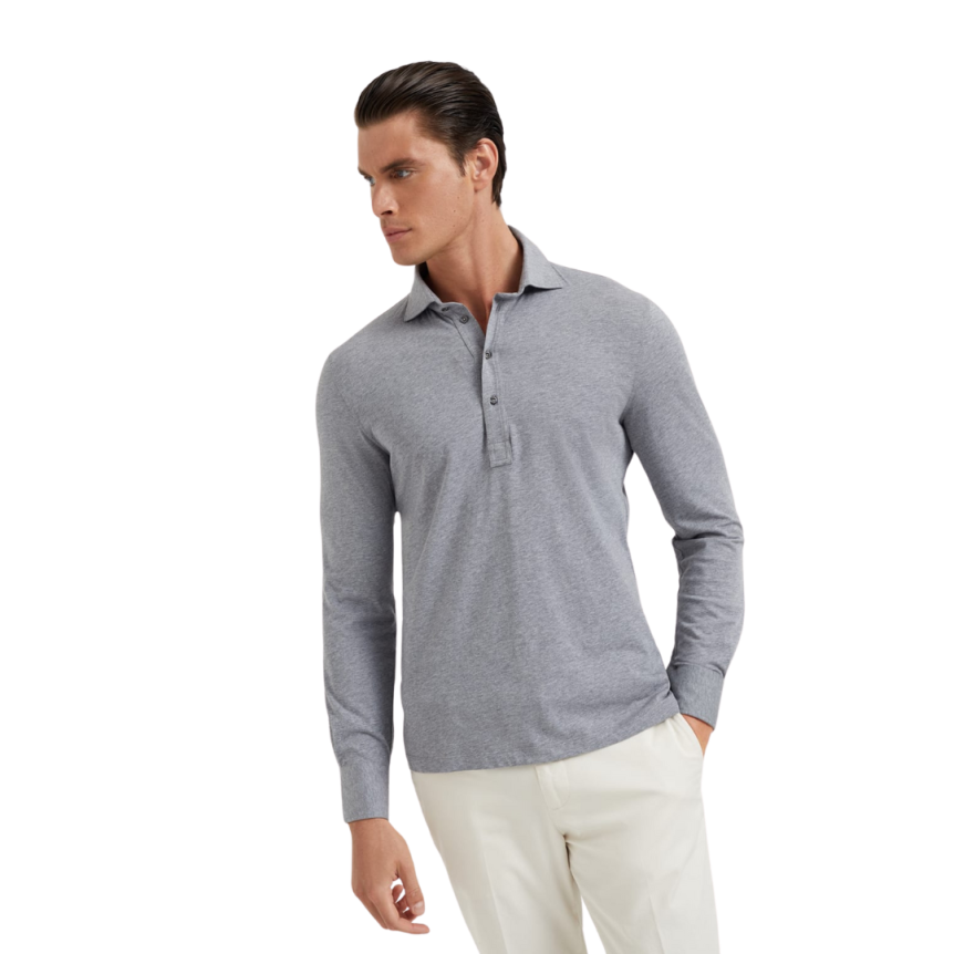 T-shirt BRUNELLO CUCINELLI manche longue col polo jersey coton gris chiné
