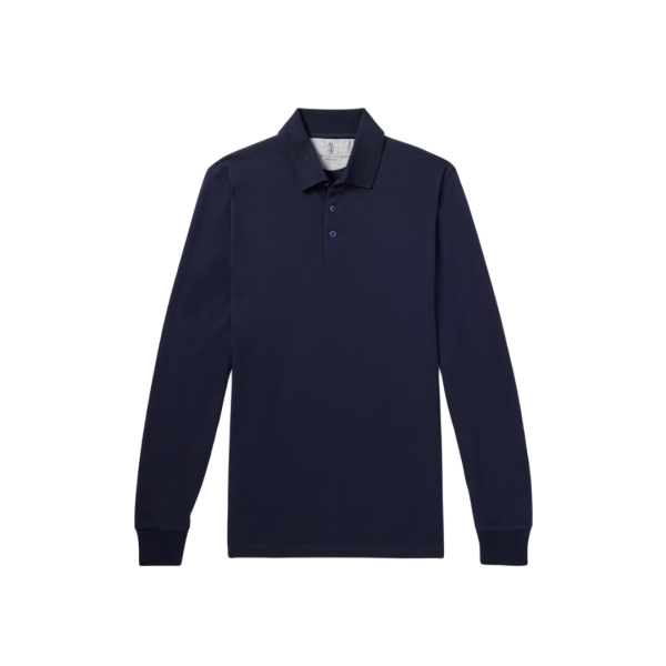 T-shirt BRUNELLO CUCINELLI manche longue col polo jersey coton bleu marine