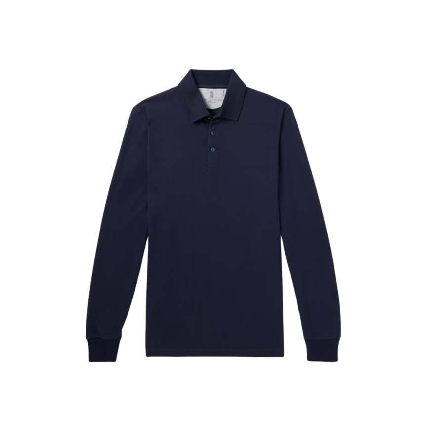 T-shirt BRUNELLO CUCINELLI manche longue col polo jersey coton bleu marine