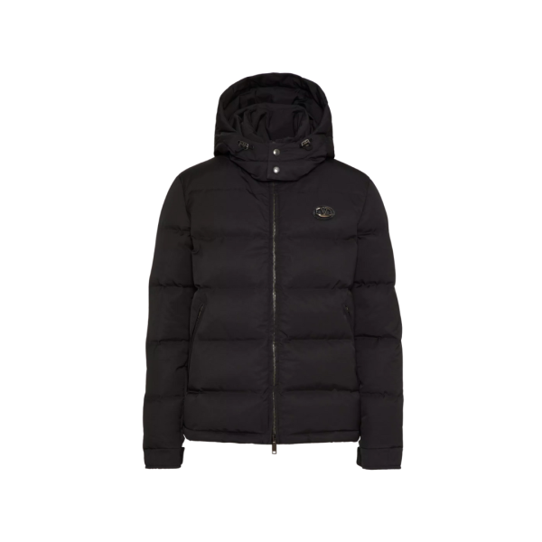 Doudoune à capuche VALENTINO nylon noir écusson cuir V Logo Signature