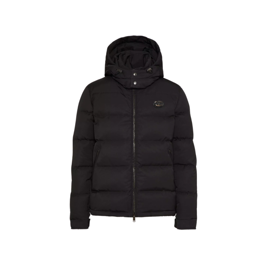 Doudoune à capuche VALENTINO nylon noir écusson cuir V Logo Signature