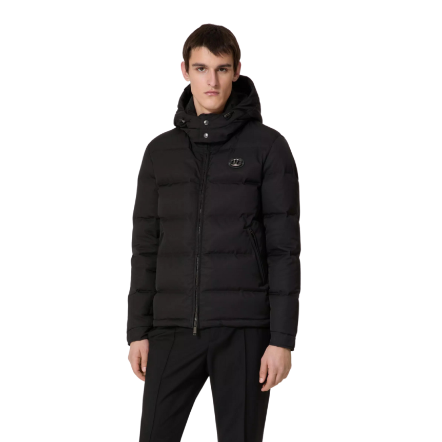 Doudoune à capuche VALENTINO nylon noir écusson cuir V Logo Signature