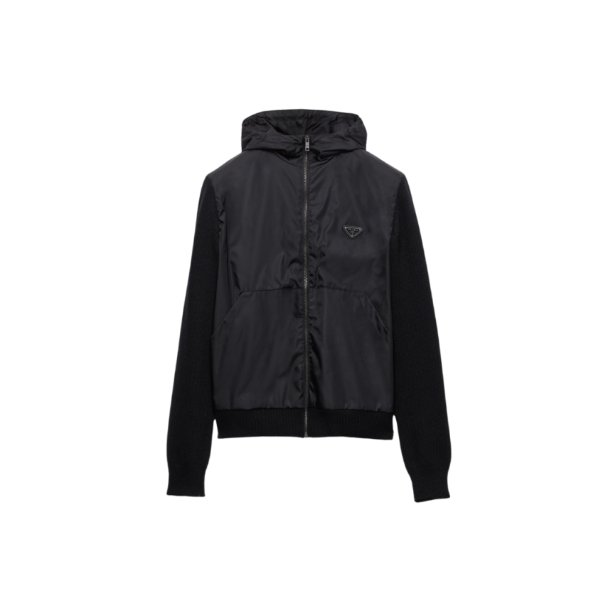 Cardigan zippé PRADA laine cachemire noir logo triangle métal émaillé
