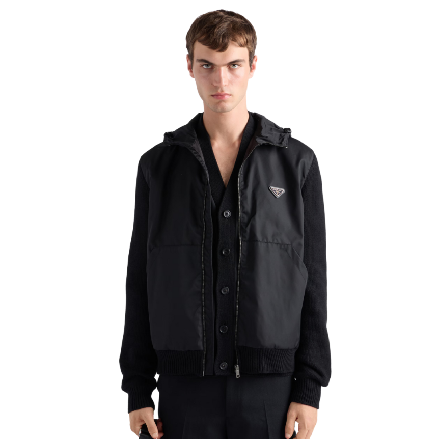 Cardigan zippé PRADA laine cachemire noir logo triangle métal émaillé
