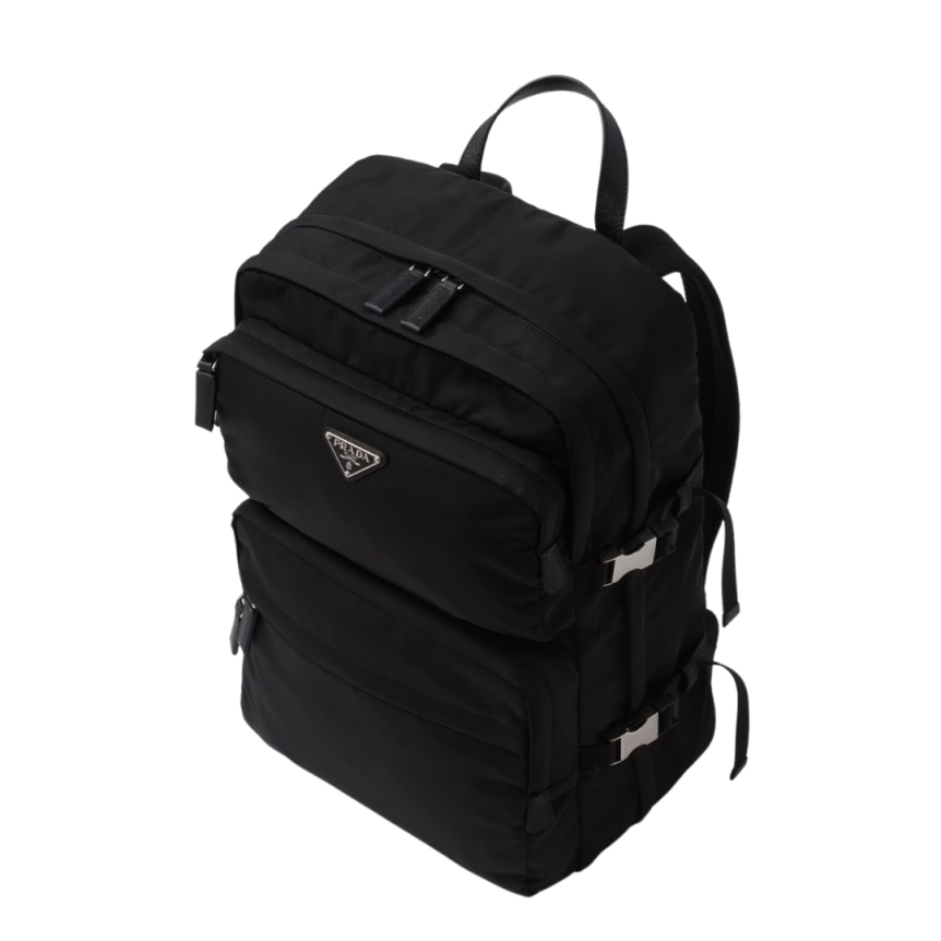Sac à dos PRADA Re-Nylon cuir Saffiano noir multi poches logo triangle