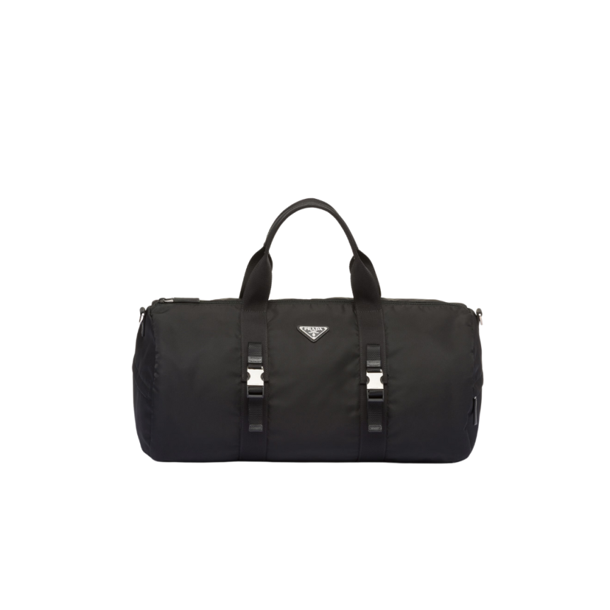 Sac de sport PRADA Re-Nylon cuir Saffiano noir triangle métal émail