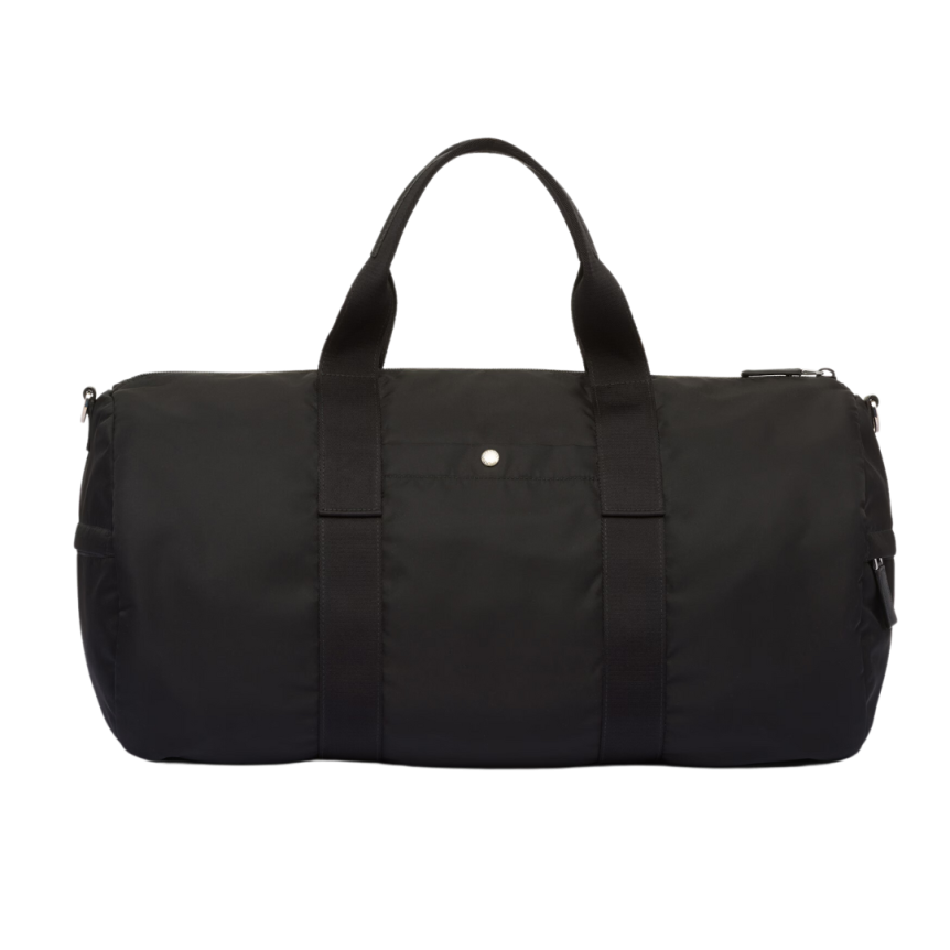 Sac de sport PRADA Re-Nylon cuir Saffiano noir triangle métal émail