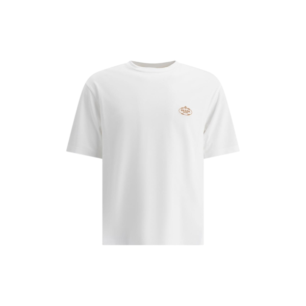 T-shirt PRADA col rond coton blanc broderie logo or