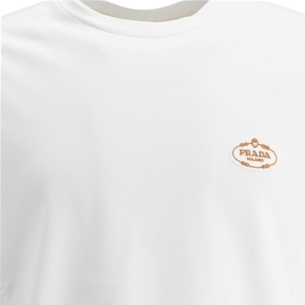 T-shirt PRADA col rond coton blanc broderie logo or