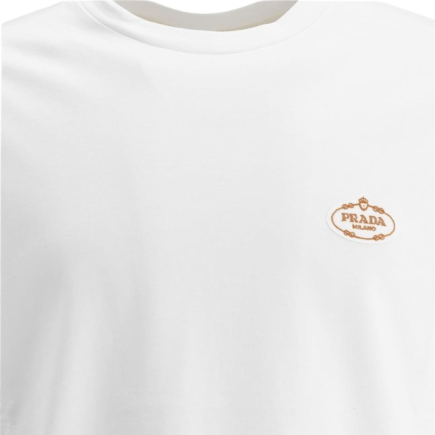 T-shirt PRADA col rond coton blanc broderie logo or