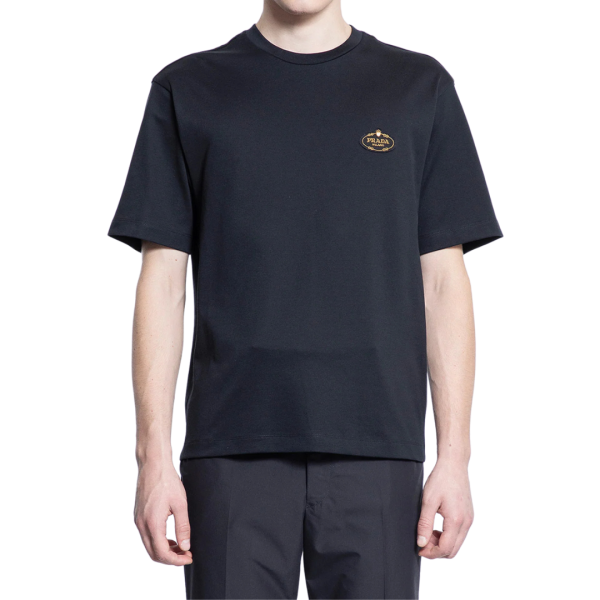 T-shirt PRADA col rond coton noir broderie logo or