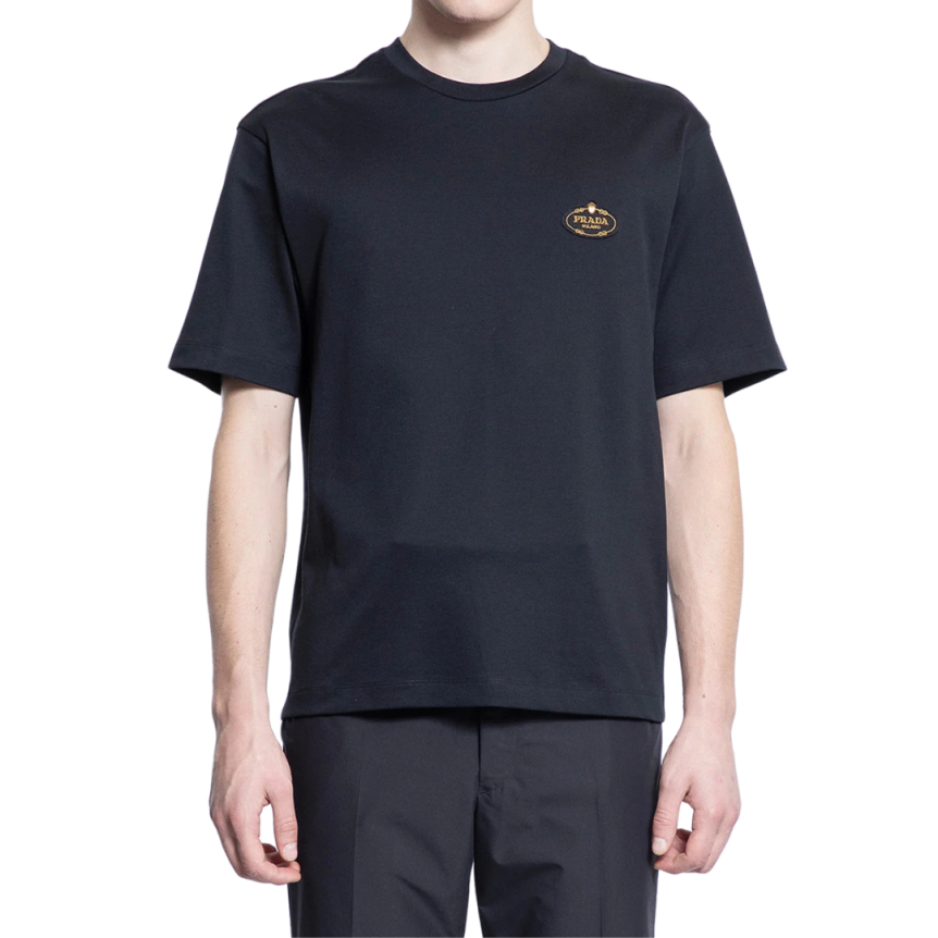 T-shirt PRADA col rond coton noir broderie logo or