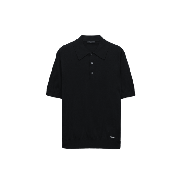 Polo classique PRADA soie noir logo jacquard blanc