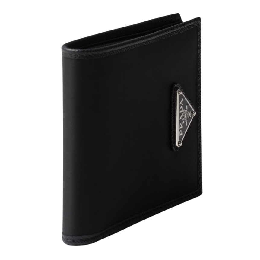 PRADA Portefeuille cartes double nylon cuir Saffiano noir triangle métal