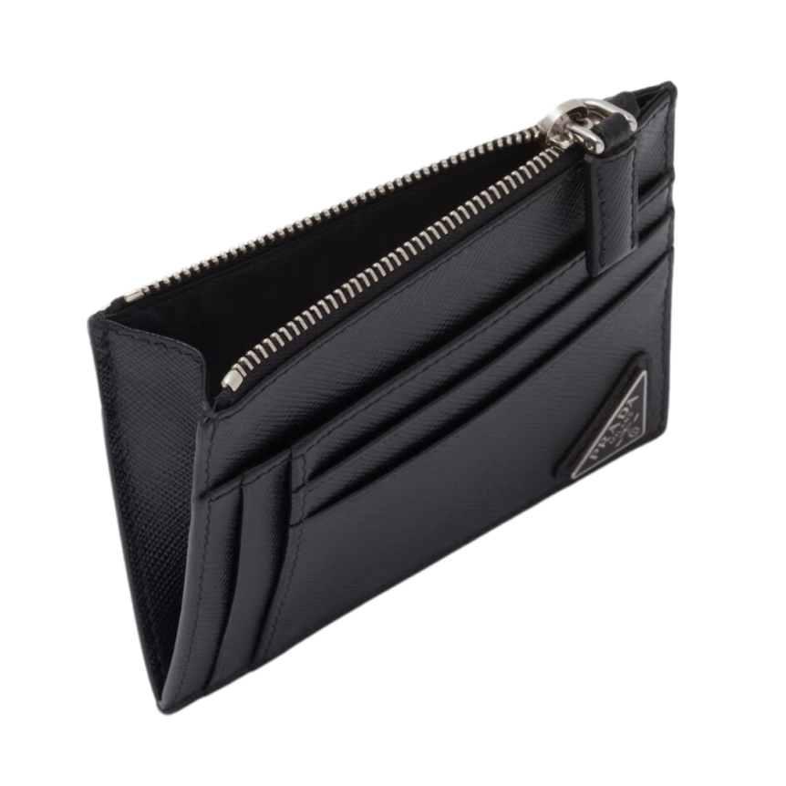 Porte-cartes PRADA monnaie zippé cuir Saffiano noir tringla métal émail
