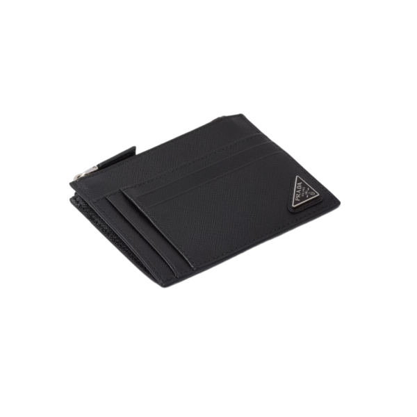 Porte-cartes PRADA monnaie zippé cuir Saffiano noir tringla métal émail