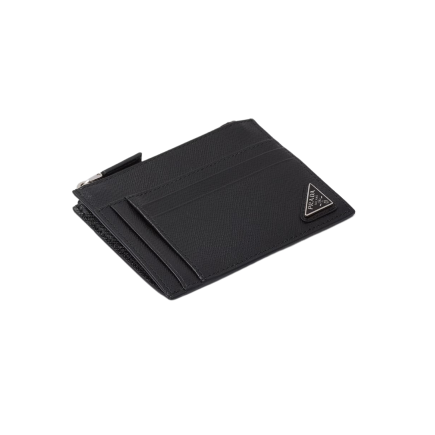 Porte-cartes PRADA monnaie zippé cuir Saffiano noir tringla métal émail