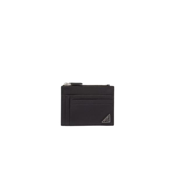 Porte-cartes PRADA monnaie zippé cuir Saffiano noir tringla métal émail