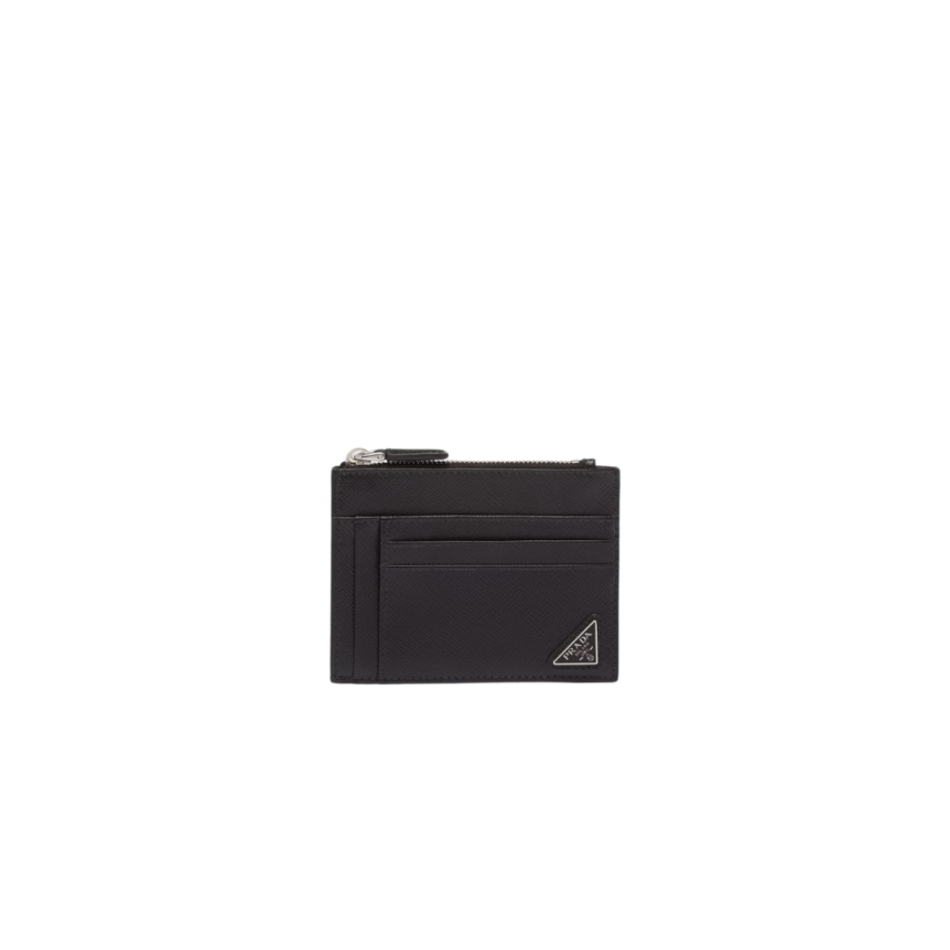 Porte-cartes PRADA monnaie zippé cuir Saffiano noir tringla métal émail