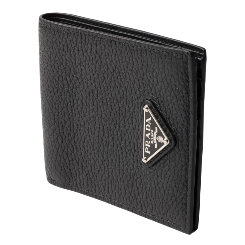 Portefeuille double PRADA cuir grainé noir triangle métal émail