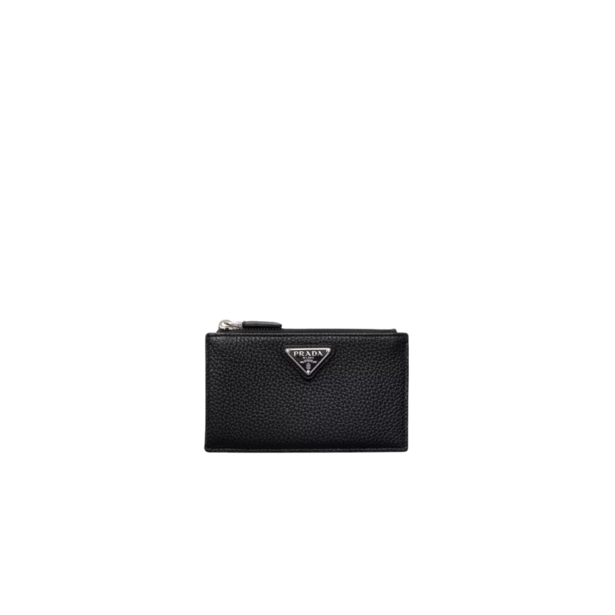 porte-cartes zippé PRADA cuir grainé noir triangle métal émail