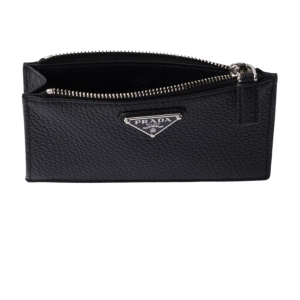 porte-cartes zippé PRADA cuir grainé noir triangle métal émail