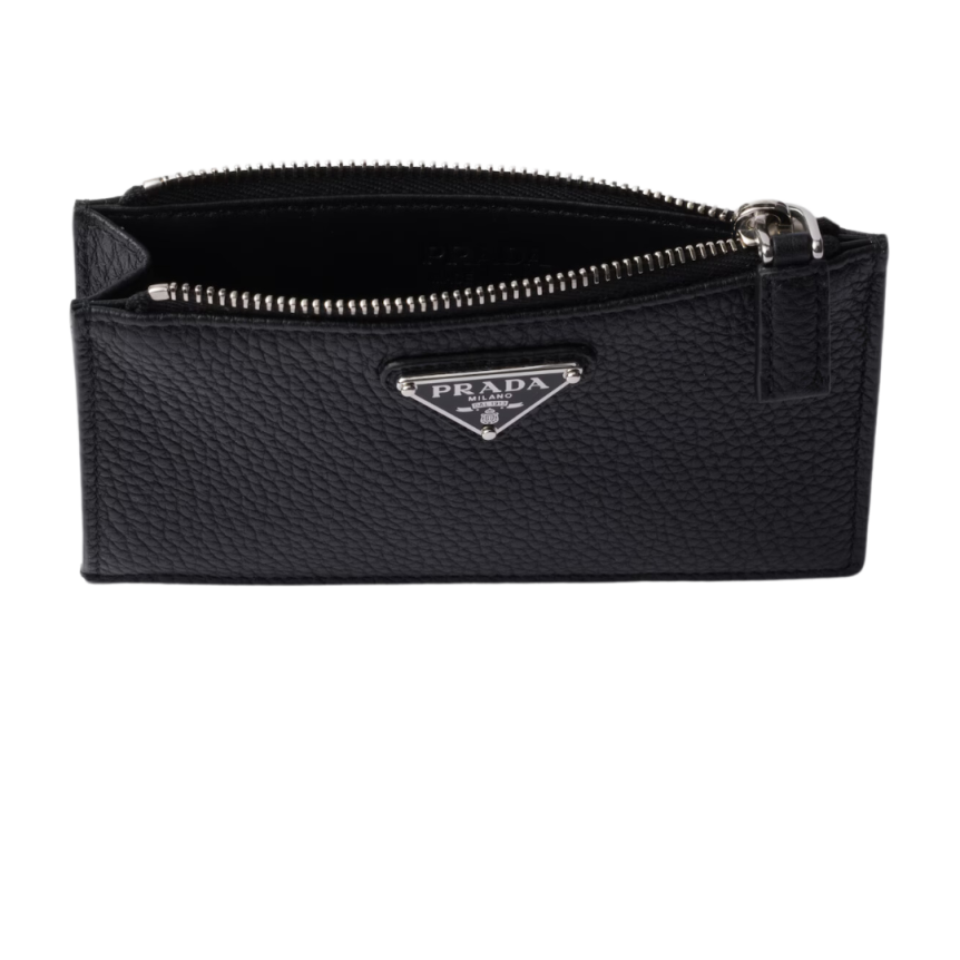 porte-cartes zippé PRADA cuir grainé noir triangle métal émail