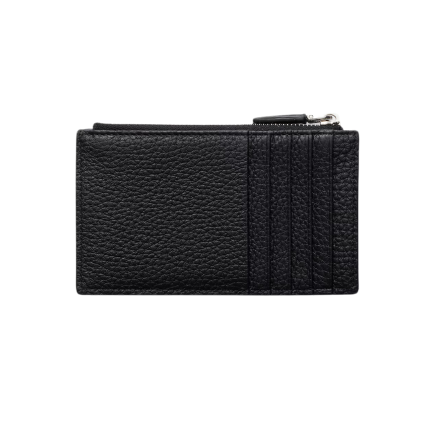 porte-cartes zippé PRADA cuir grainé noir triangle métal émail