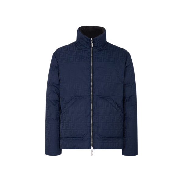 Doudoune FENDI col montant nylon bleu nuit FF allover réversible noir