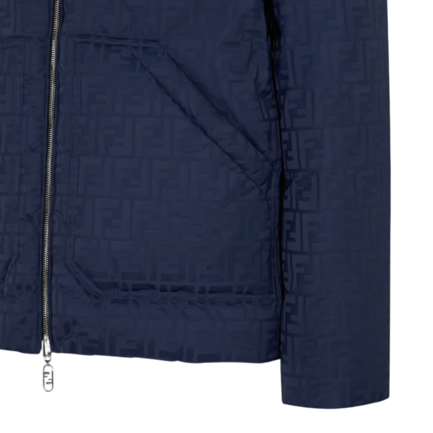 Doudoune FENDI col montant nylon bleu nuit FF allover réversible noir