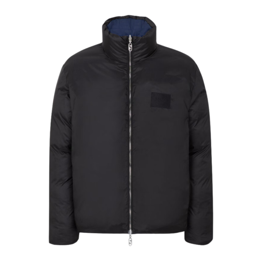 Doudoune FENDI col montant nylon bleu nuit FF allover réversible noir