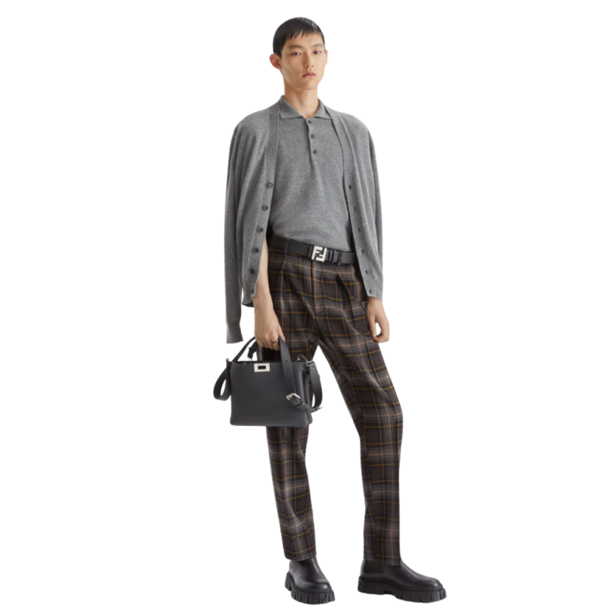 Pantalon cigarette FENDI pince laine tartan marron jaune