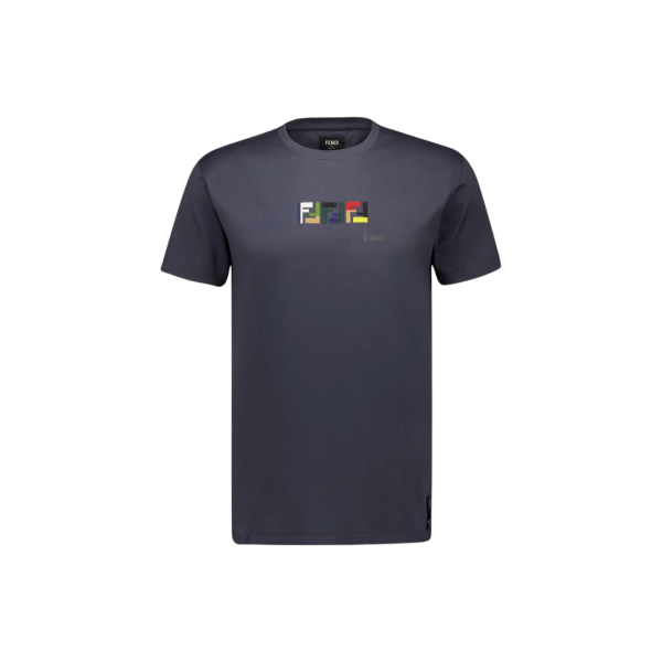 T-shirt FENDI col rond coton gris foncé broderie triple FF multicolore