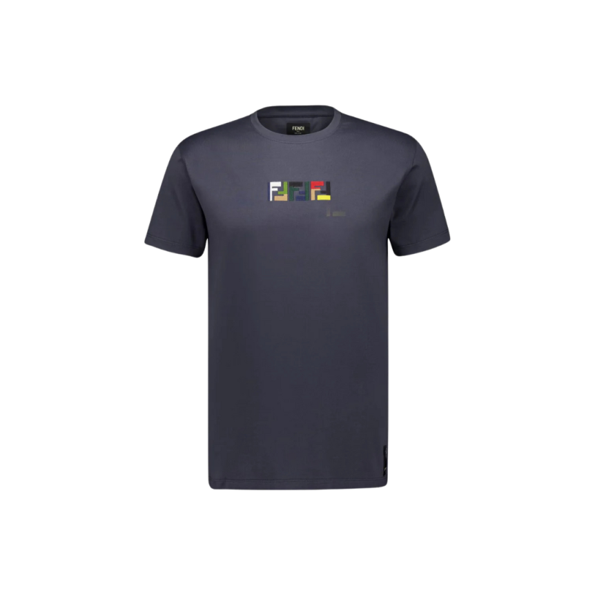T-shirt FENDI col rond coton gris foncé broderie triple FF multicolore