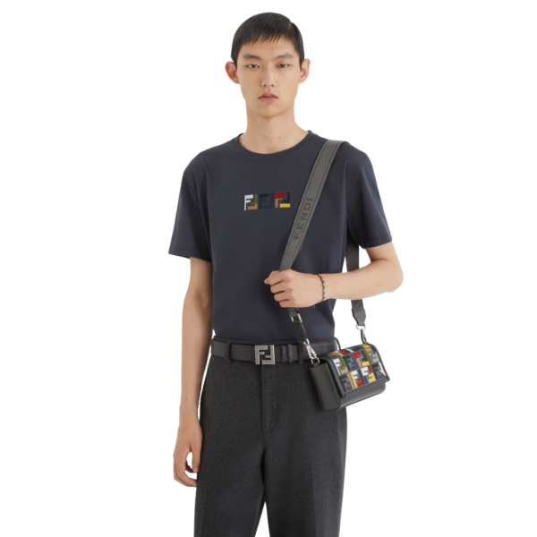 T-shirt FENDI col rond coton gris foncé broderie triple FF multicolore