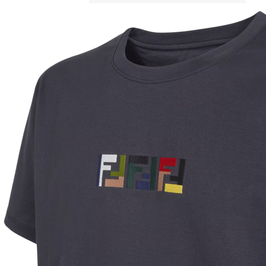 T-shirt FENDI col rond coton gris foncé broderie triple FF multicolore