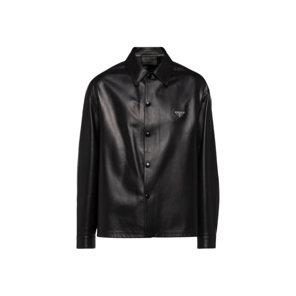 Veste chemise PRADA cuir nappa noir logo triangle métal