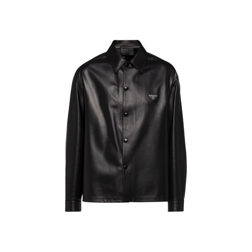 Veste chemise PRADA cuir nappa noir logo triangle métal