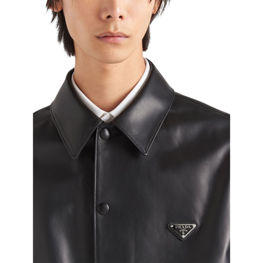 Veste chemise PRADA cuir nappa noir logo triangle métal