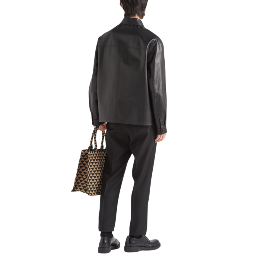 Veste chemise PRADA cuir nappa noir logo triangle métal