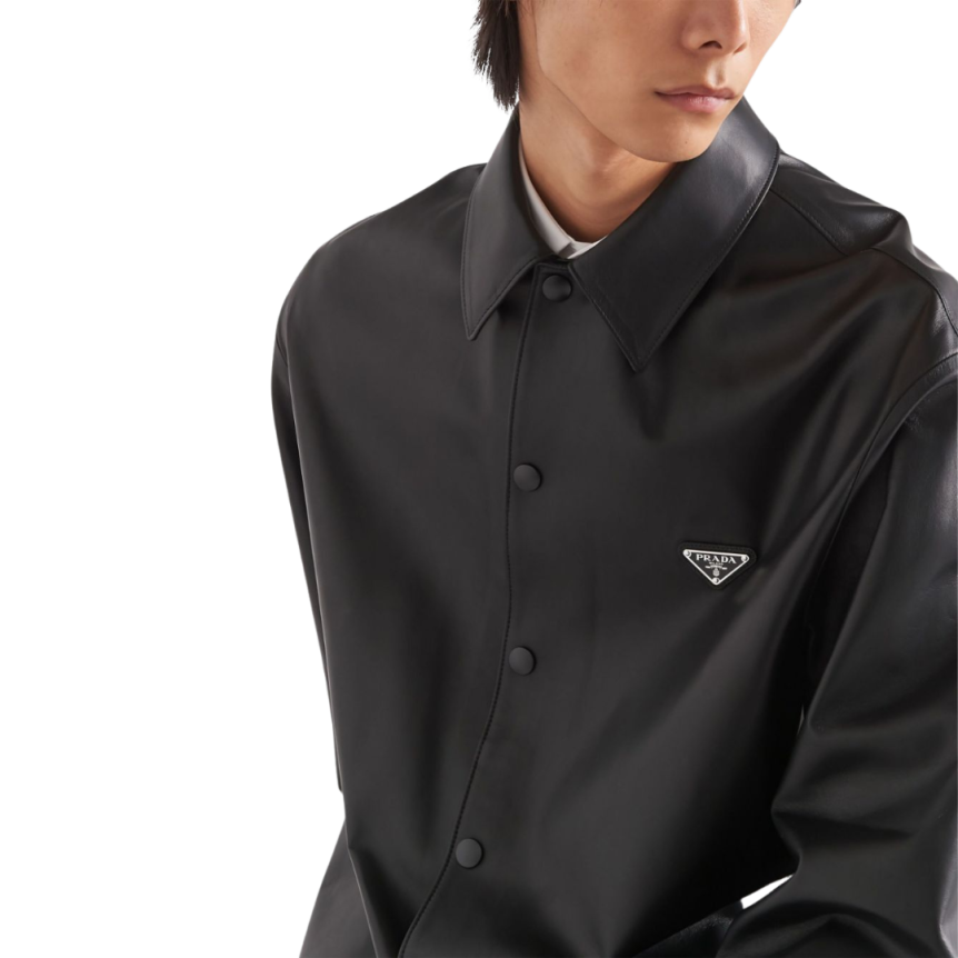 Veste chemise PRADA cuir nappa noir logo triangle métal