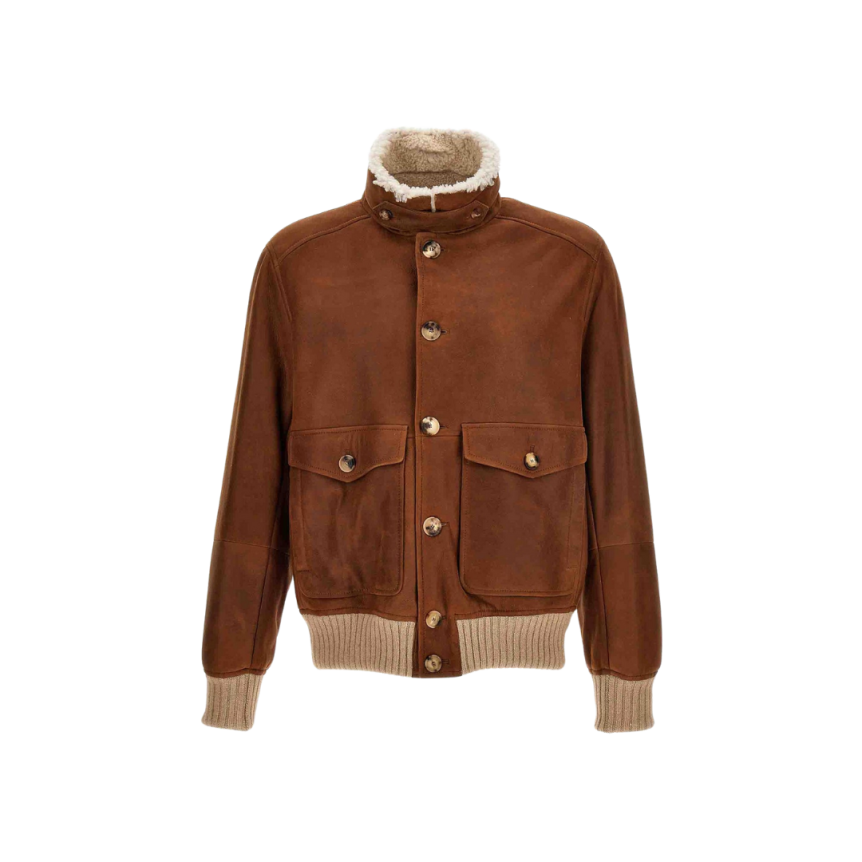 Blouson Aviateur Bomber cuir suède marron poches plaquées Brunello Cucinelli